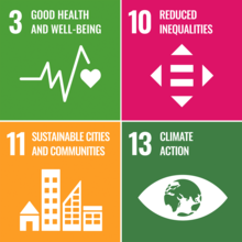 SDG Icons 3, 10, 11 and 13. 