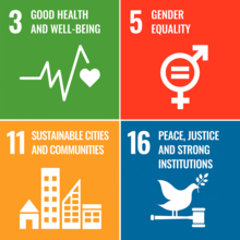 SDG Icons 3, 5, 11 and 16. 