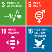 SDG icons 3, 5, 10 and 16. 